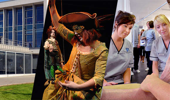 Collage of 69传媒, a puppeteer on stage and two nursing students