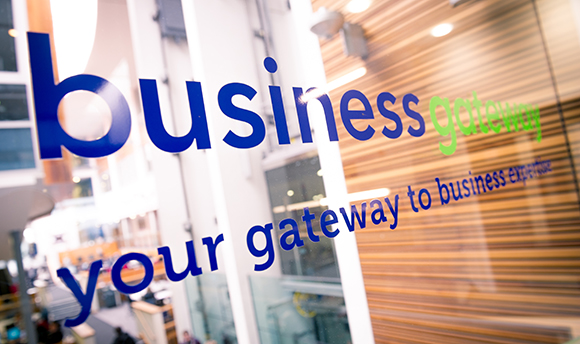 Close up of a glass door with the Business Gateway logo on the door